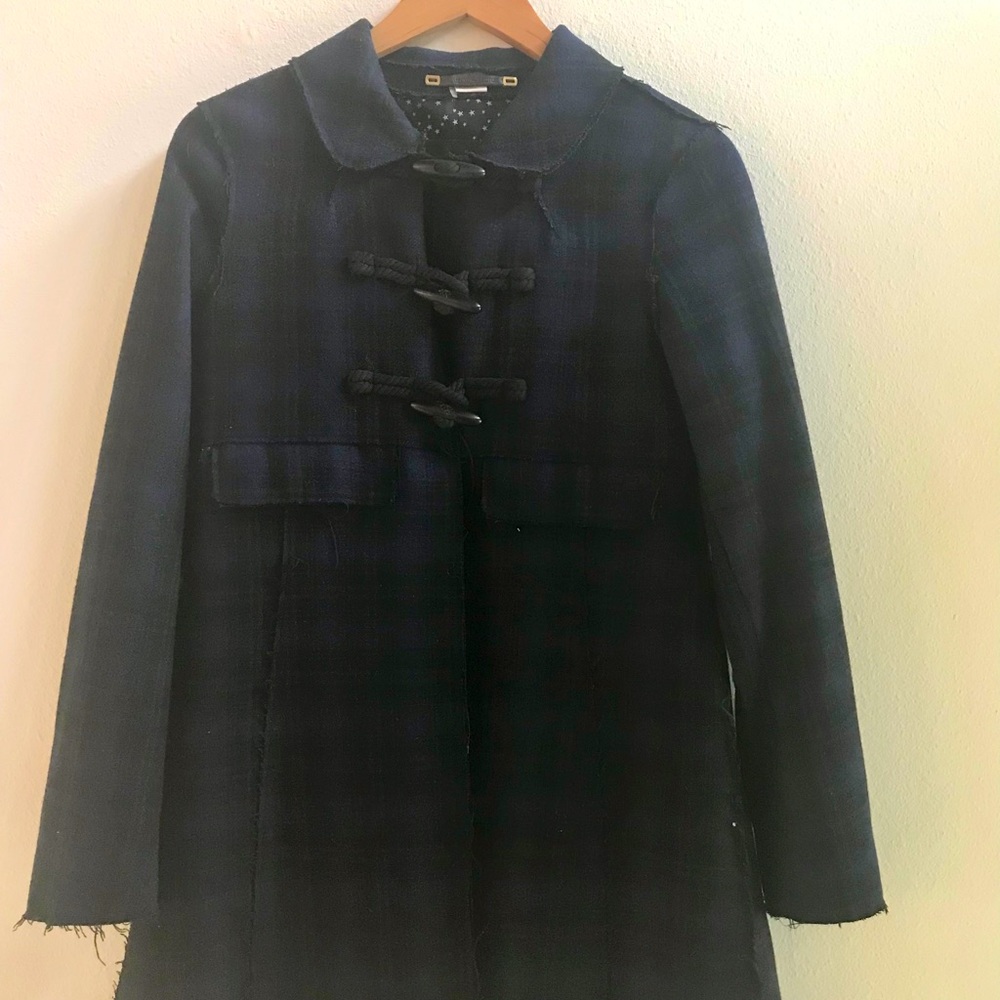 Maison Scotch tartan plaid wool pea coat.